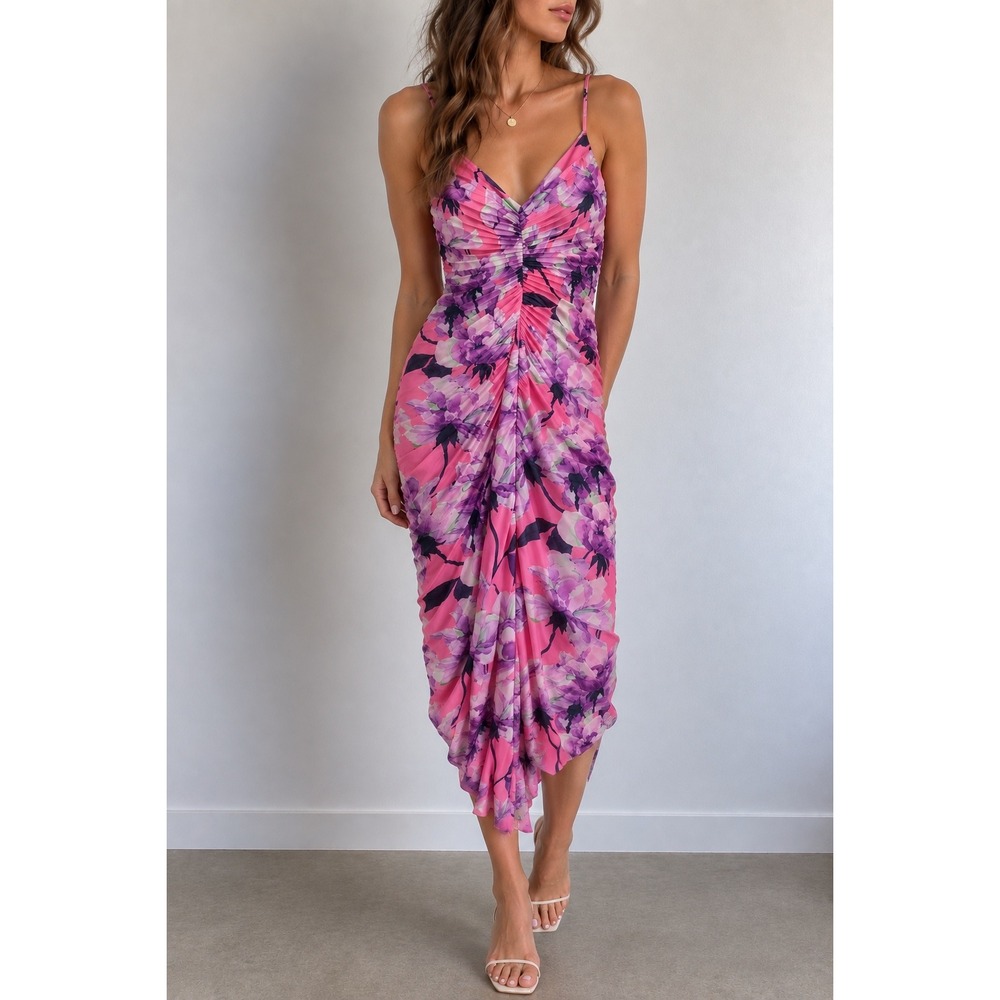 Delfi Collective Pink Floral Pleated Ruched Midi Dress XS Romantic Garden Party